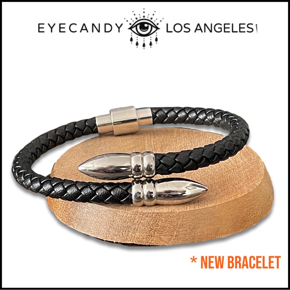 NEW Eye Candy, Titanium & Leather Bracelet. Magnetic Closure.